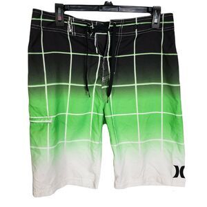 Hurley Men's Boardshorts Size 30 Graph Swim Green Black Logo Zip Pocket 21 Inch